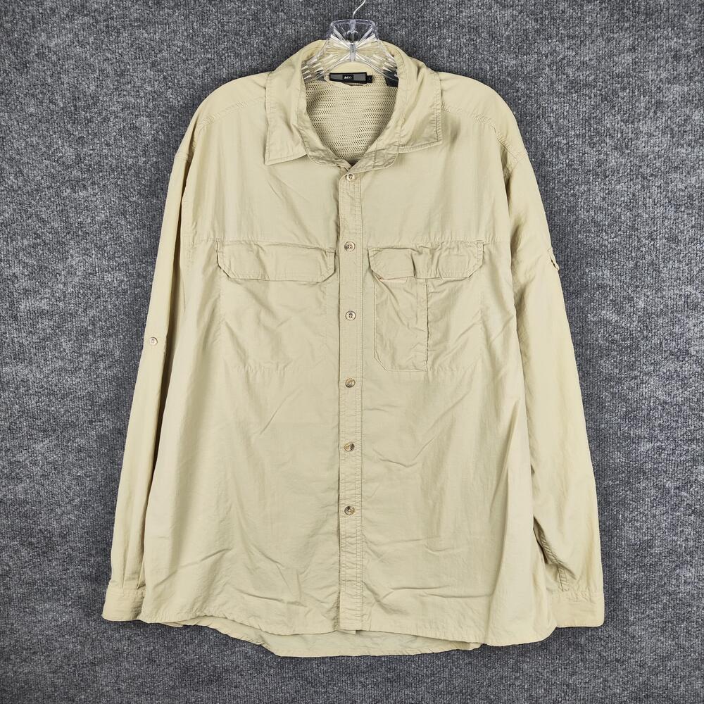 REI Shirt Mens Large Beige Vented Hiking Fishing Button Front Long Sleeve